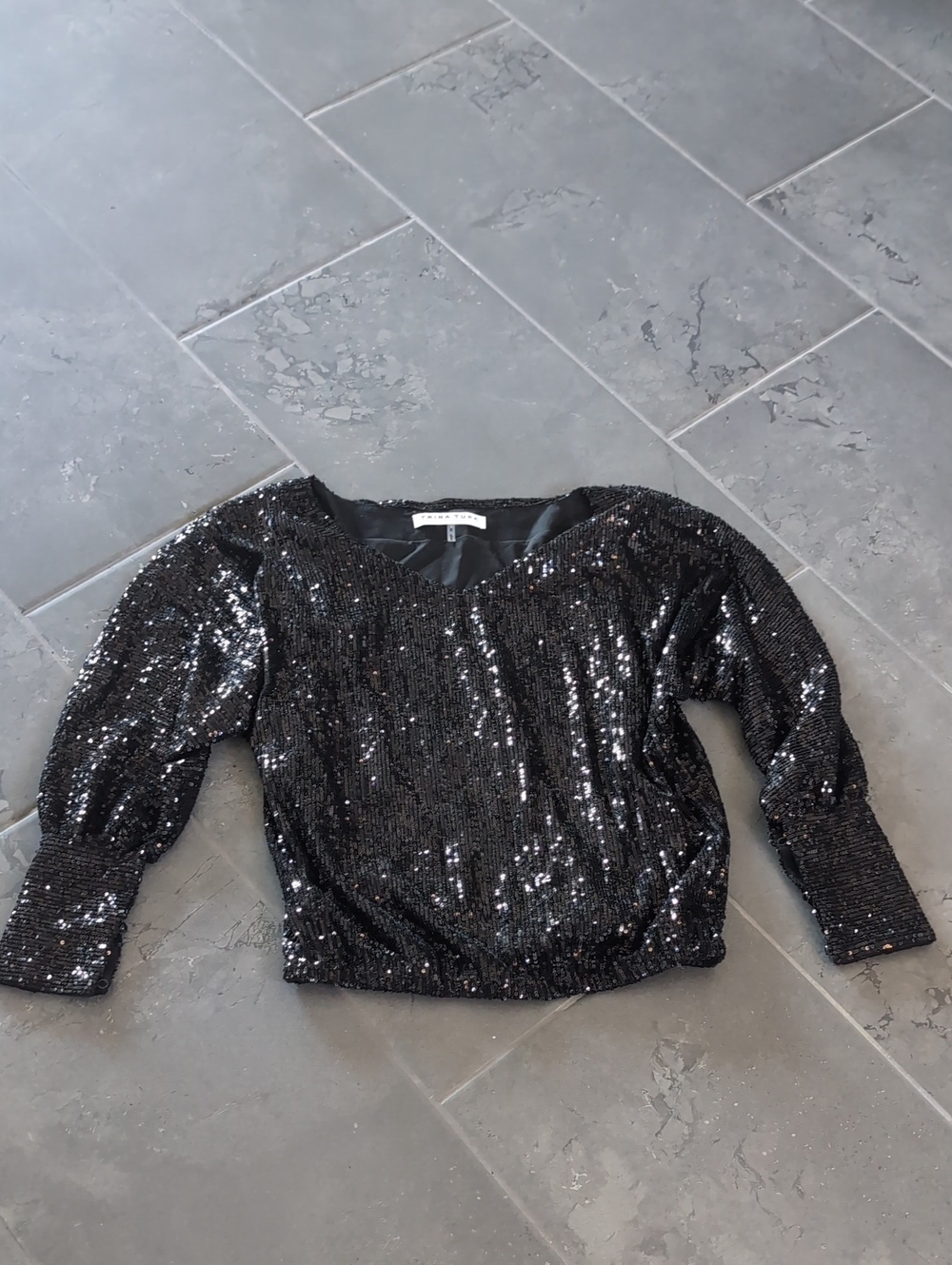 Trina Turk Black Sequin Puff-Sleeve Crop Top